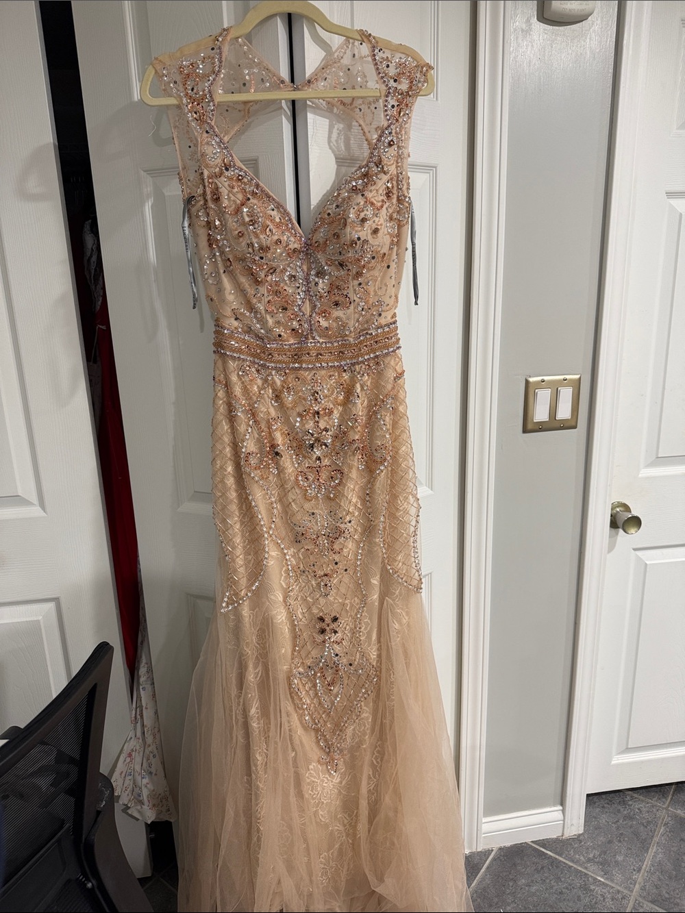 Embellished Champagne Prom Gown with Illusion Straps